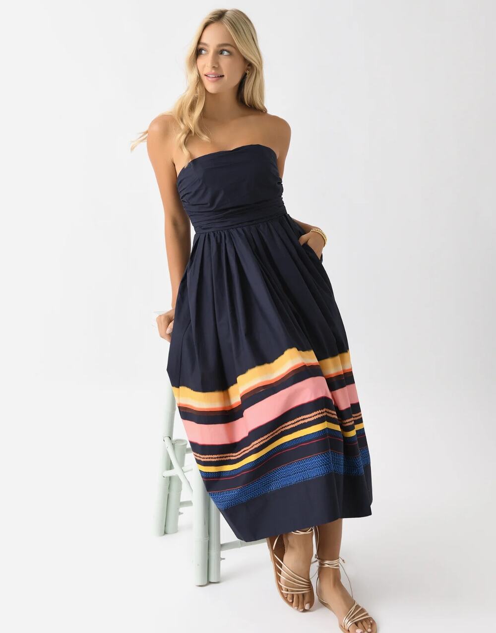 A.L.C. Tate Strapless Navy Poplin Striped Hem Midi Dress Sz 0 Quiet Luxury Chic